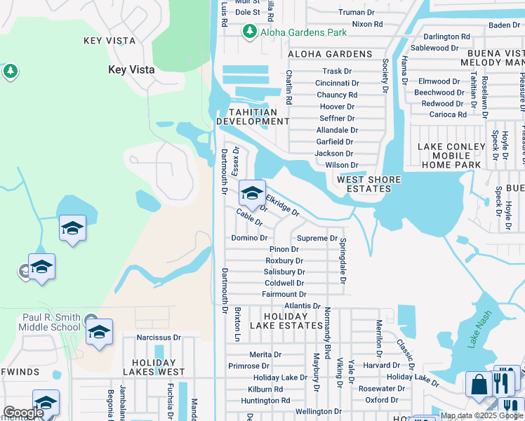 map of restaurants, bars, coffee shops, grocery stores, and more near 3146 Bright Drive in Holiday