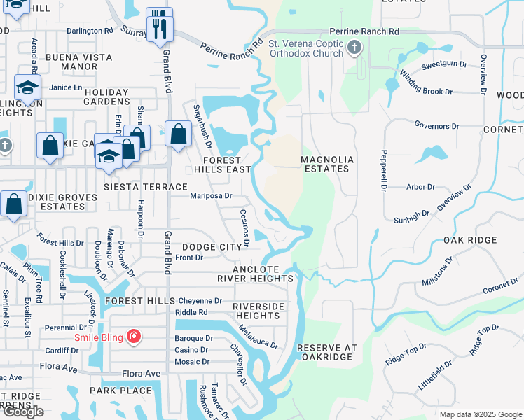 map of restaurants, bars, coffee shops, grocery stores, and more near 5881 Mariposa Drive in Holiday