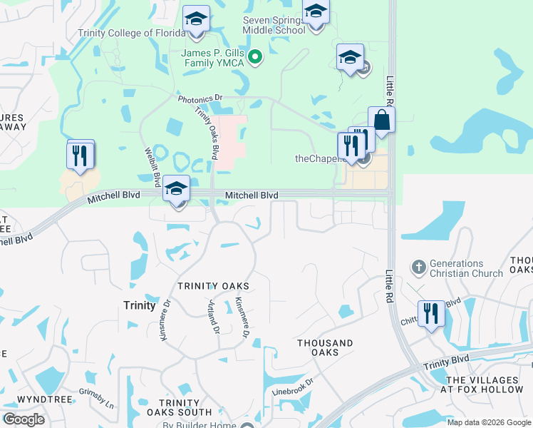 map of restaurants, bars, coffee shops, grocery stores, and more near 8439 Hawbuck Street in Trinity