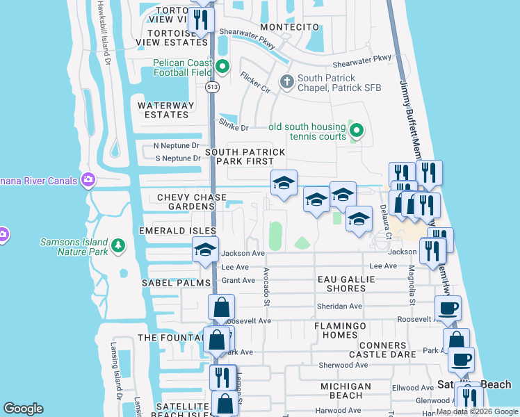 map of restaurants, bars, coffee shops, grocery stores, and more near 33 Sunset Street in Satellite Beach