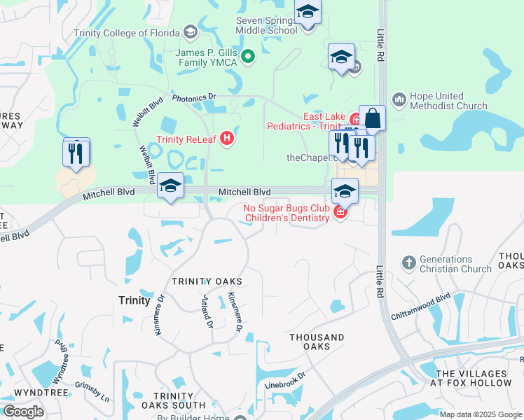 map of restaurants, bars, coffee shops, grocery stores, and more near 8415 Hawbuck Street in Trinity