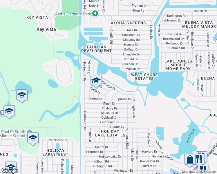 map of restaurants, bars, coffee shops, grocery stores, and more near 3230 Elkridge Drive in Holiday