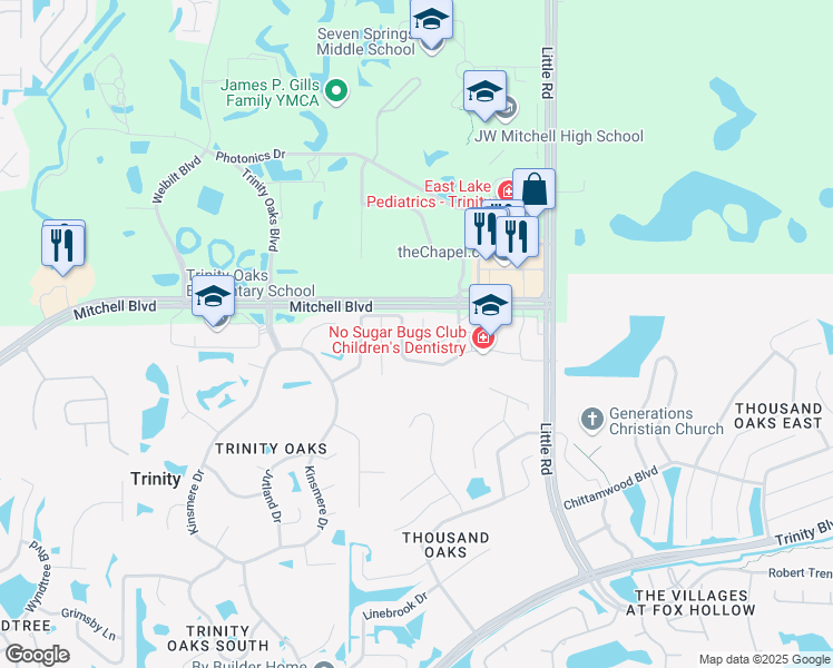 map of restaurants, bars, coffee shops, grocery stores, and more near 8628 Persea Court in New Port Richey