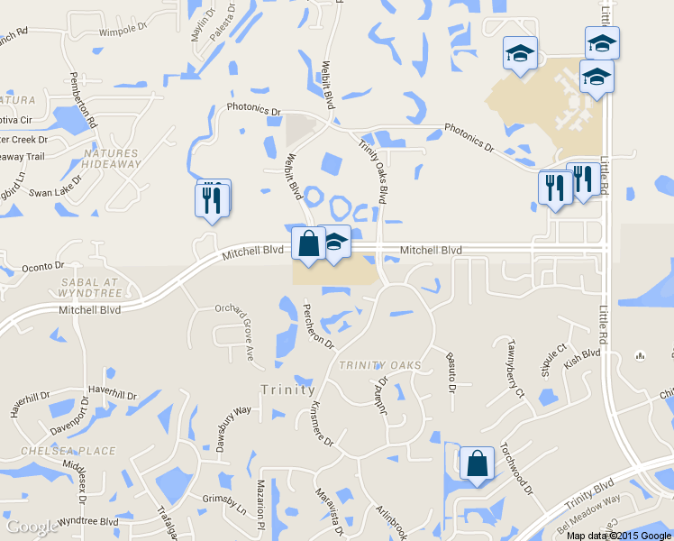 map of restaurants, bars, coffee shops, grocery stores, and more near 1827 Trinity Oaks Boulevard in New Port Richey
