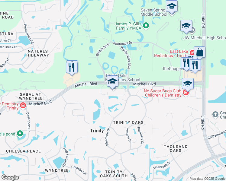 map of restaurants, bars, coffee shops, grocery stores, and more near 1827 Trinity Oaks Boulevard in New Port Richey