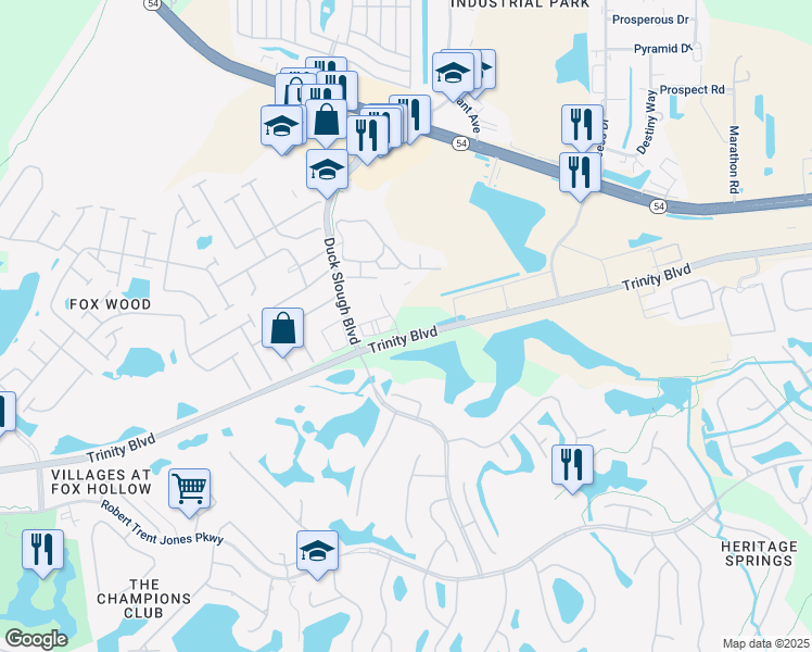 map of restaurants, bars, coffee shops, grocery stores, and more near 1900 Blue Fox Way in Trinity