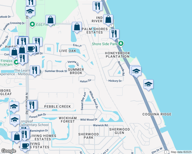 map of restaurants, bars, coffee shops, grocery stores, and more near 2420 Summer Brook Street in Melbourne
