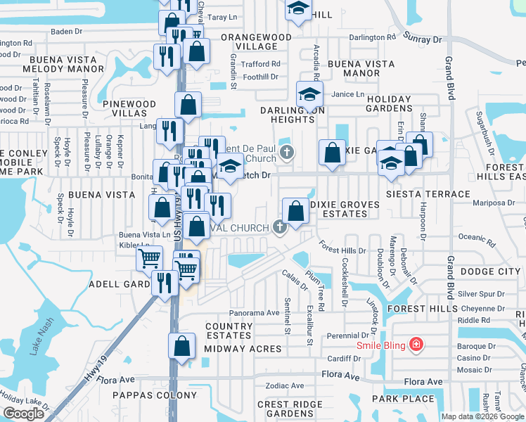 map of restaurants, bars, coffee shops, grocery stores, and more near 4770 Sunny Loop in Holiday