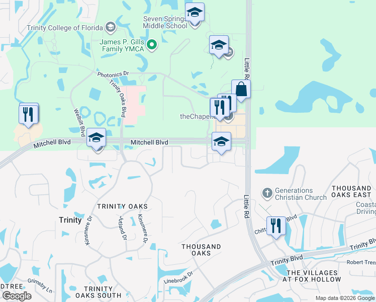 map of restaurants, bars, coffee shops, grocery stores, and more near 8605 Persea Court in Trinity