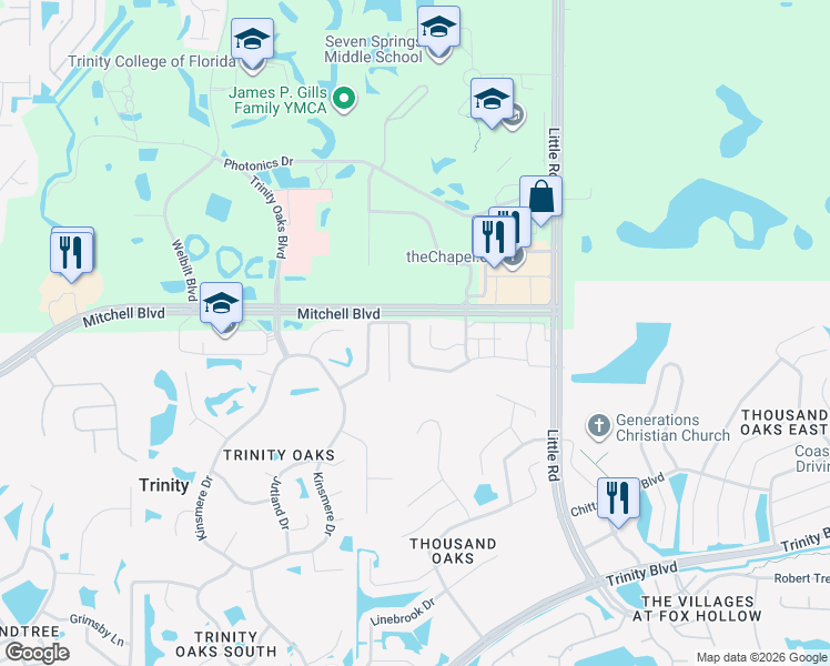 map of restaurants, bars, coffee shops, grocery stores, and more near 8517 Hawbuck Street in Trinity