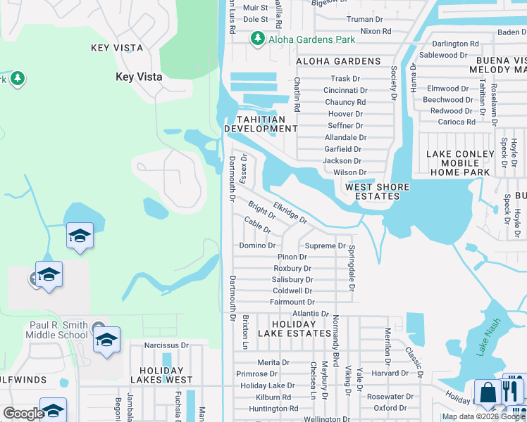 map of restaurants, bars, coffee shops, grocery stores, and more near 3126 Bright Drive in Holiday