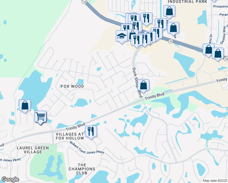 map of restaurants, bars, coffee shops, grocery stores, and more near 10548 Peppergrass Court in Trinity