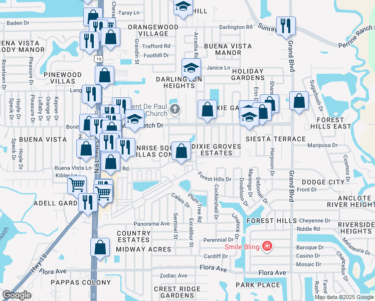 map of restaurants, bars, coffee shops, grocery stores, and more near 4929 Rosedale Lane in Holiday
