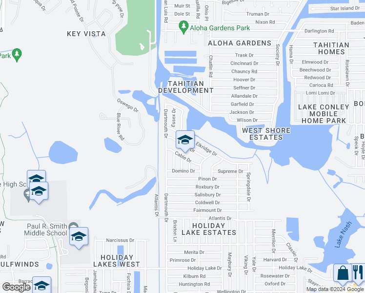 map of restaurants, bars, coffee shops, grocery stores, and more near 3114 Bright Drive in Holiday