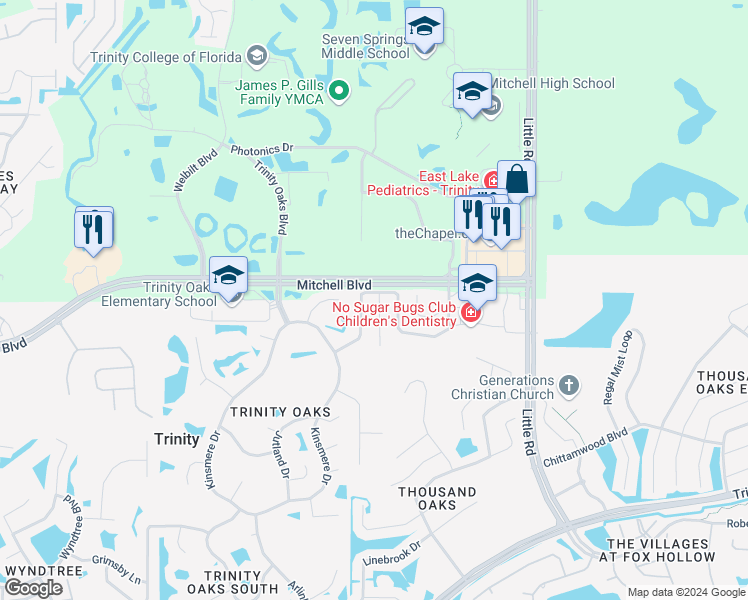 map of restaurants, bars, coffee shops, grocery stores, and more near 1839 Horsechestnut Court in Trinity