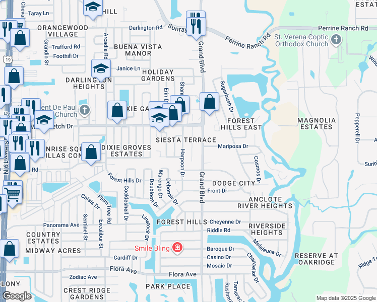map of restaurants, bars, coffee shops, grocery stores, and more near in Holiday