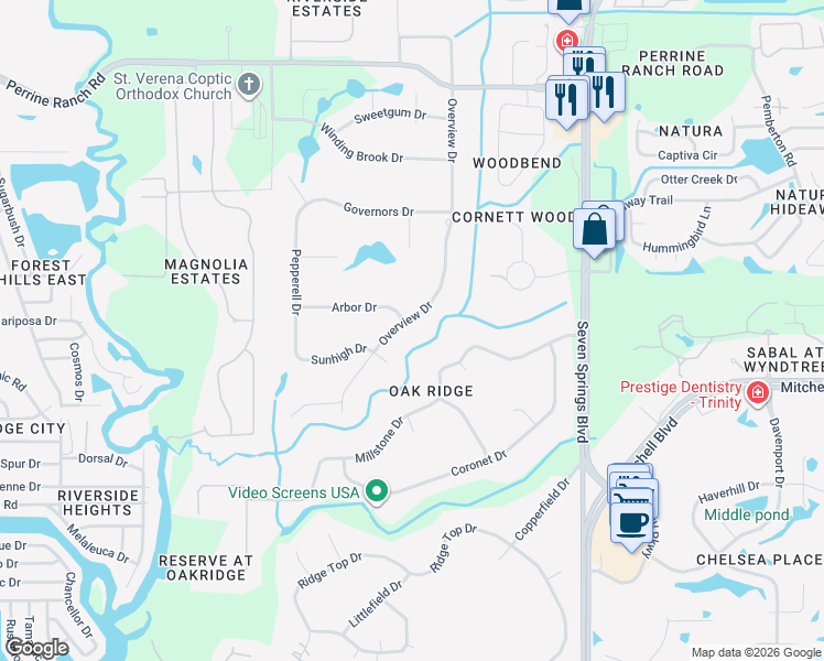 map of restaurants, bars, coffee shops, grocery stores, and more near 1904 Overview Drive in New Port Richey