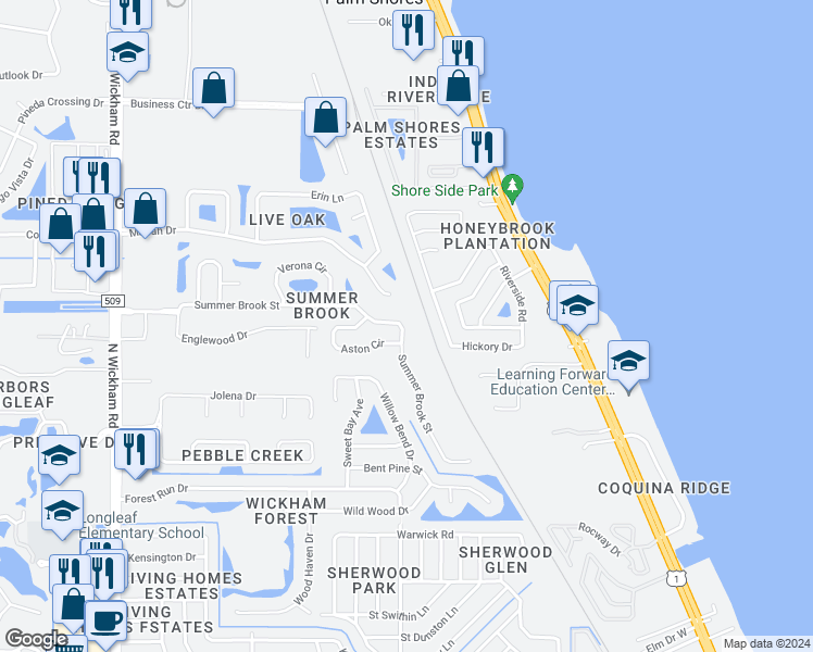 map of restaurants, bars, coffee shops, grocery stores, and more near 2430 Summer Brook Street in Melbourne