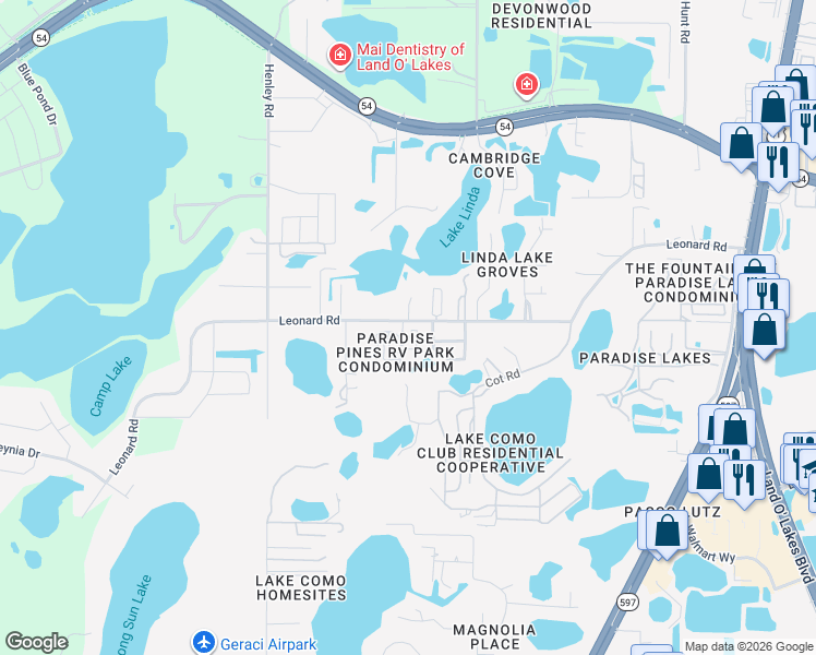 map of restaurants, bars, coffee shops, grocery stores, and more near 20300 Leonard Road in Lutz