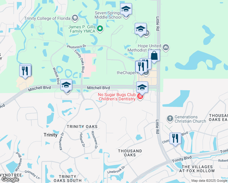 map of restaurants, bars, coffee shops, grocery stores, and more near 1840 Horsechestnut Court in Trinity