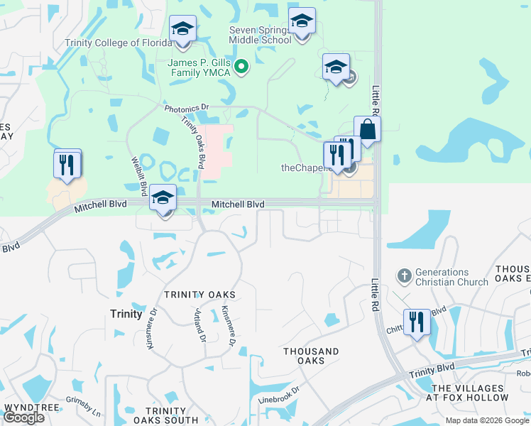 map of restaurants, bars, coffee shops, grocery stores, and more near 8463 Hawbuck Street in Trinity