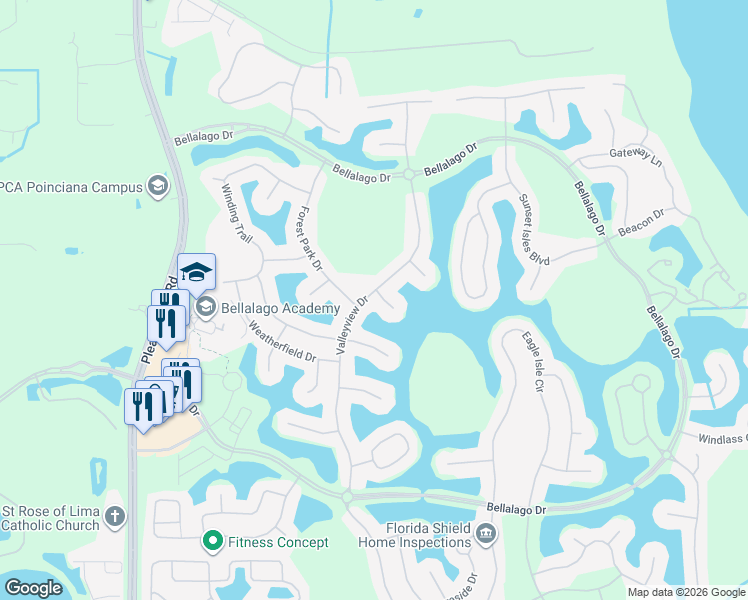 map of restaurants, bars, coffee shops, grocery stores, and more near 3545 Valley View Drive in Kissimmee