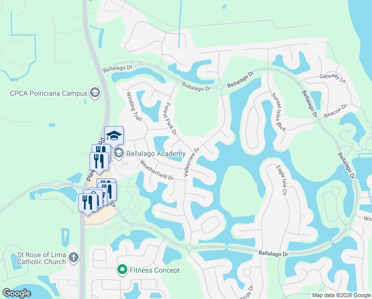 map of restaurants, bars, coffee shops, grocery stores, and more near 3546 Valleyview Drive in Kissimmee