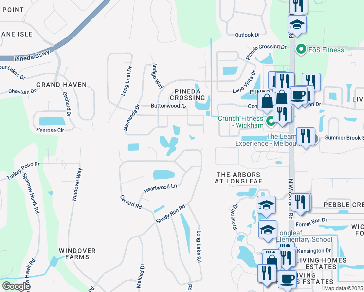 map of restaurants, bars, coffee shops, grocery stores, and more near 3385 Shady Run Road in Melbourne