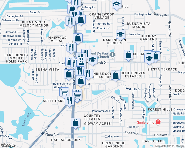map of restaurants, bars, coffee shops, grocery stores, and more near 1847 Abacus Road in Holiday