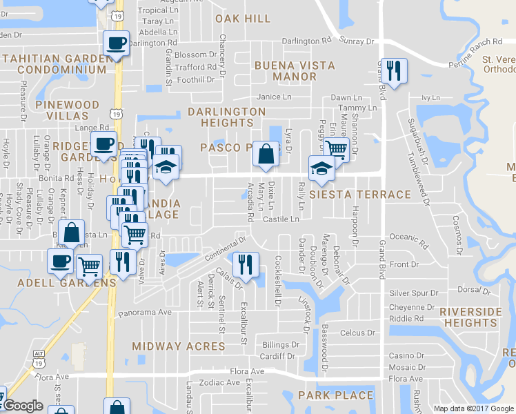 map of restaurants, bars, coffee shops, grocery stores, and more near 1845 Mary Lane in Holiday