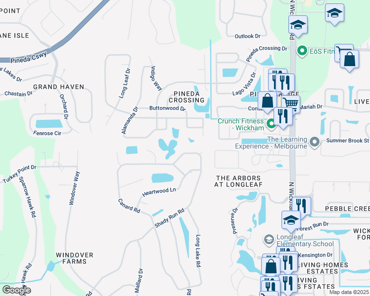 map of restaurants, bars, coffee shops, grocery stores, and more near 3385 Shady Run Road in Melbourne