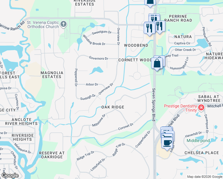 map of restaurants, bars, coffee shops, grocery stores, and more near 1904 Overview Drive in New Port Richey