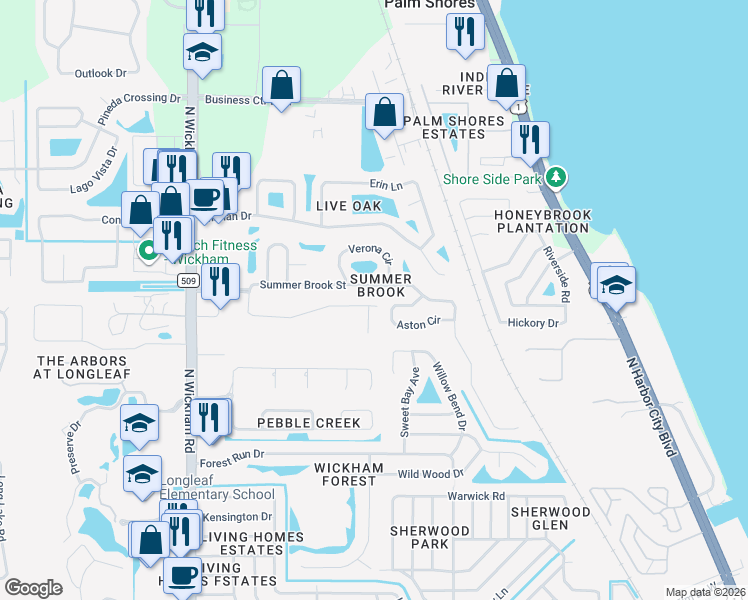 map of restaurants, bars, coffee shops, grocery stores, and more near 2595 Summer Brook Street in Melbourne