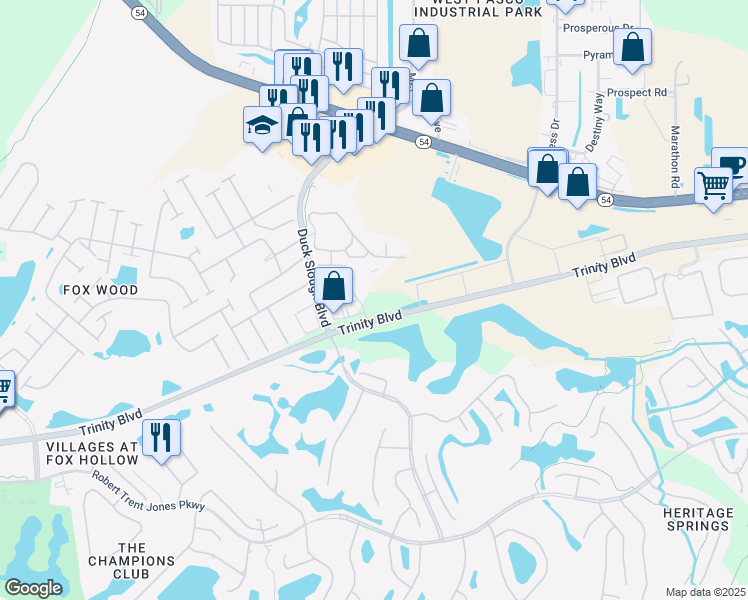 map of restaurants, bars, coffee shops, grocery stores, and more near 10975 Trinity Boulevard in Trinity