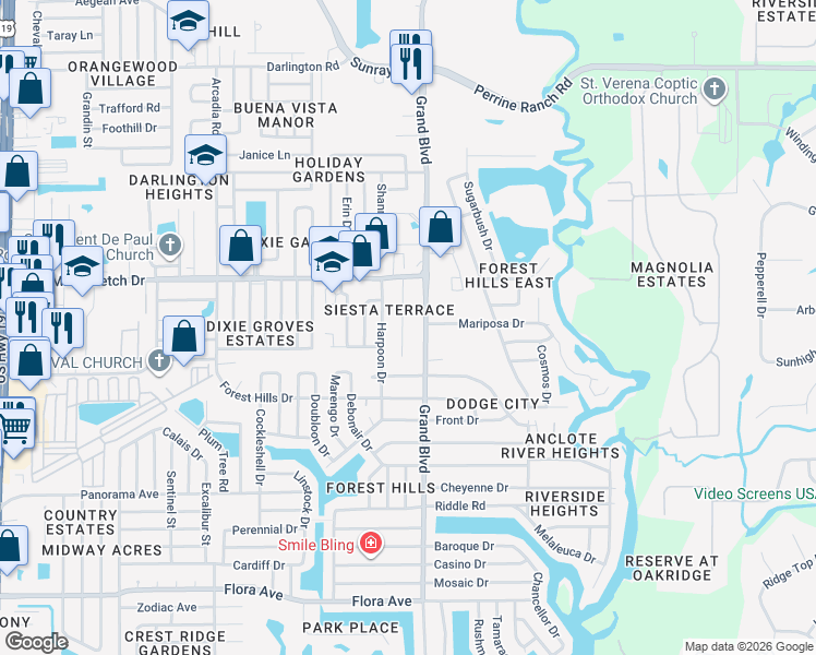 map of restaurants, bars, coffee shops, grocery stores, and more near 1846 Hacienda Way in Holiday