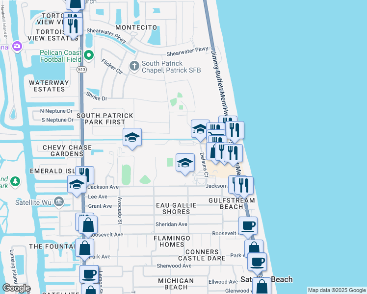 map of restaurants, bars, coffee shops, grocery stores, and more near 300 Scorpion Court in Satellite Beach