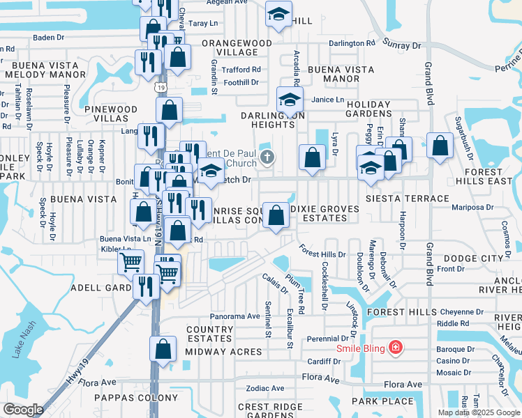 map of restaurants, bars, coffee shops, grocery stores, and more near 4834 Briar Hill Court in Holiday