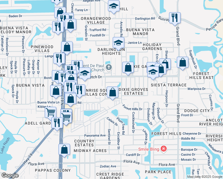 map of restaurants, bars, coffee shops, grocery stores, and more near 4926 Briar Hill Court in Holiday
