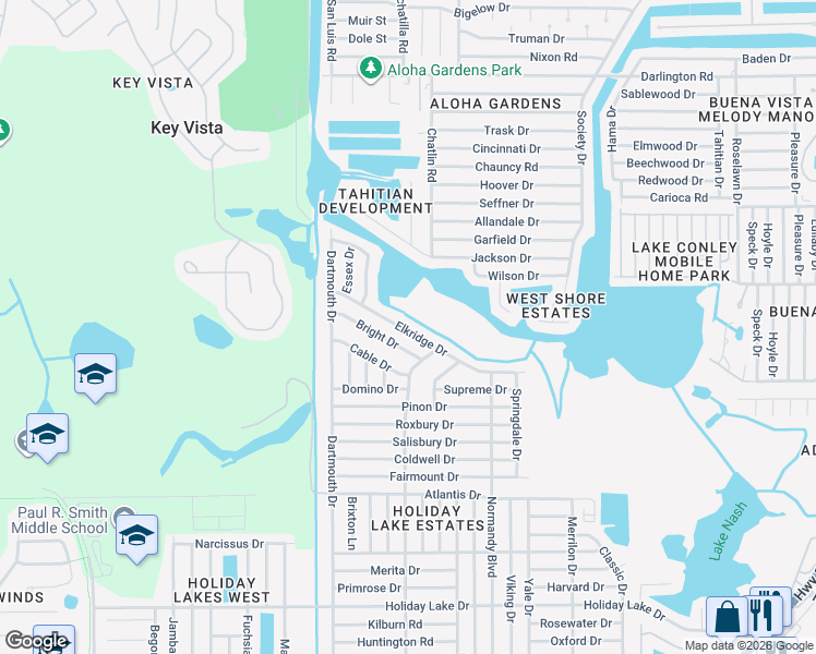 map of restaurants, bars, coffee shops, grocery stores, and more near 3207 Elkridge Drive in Holiday
