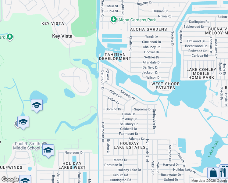 map of restaurants, bars, coffee shops, grocery stores, and more near 3117 Bright Dr in Holiday