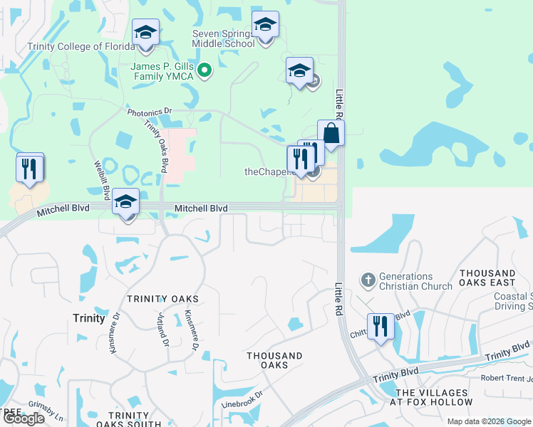 map of restaurants, bars, coffee shops, grocery stores, and more near 8605 Persea Court in Trinity