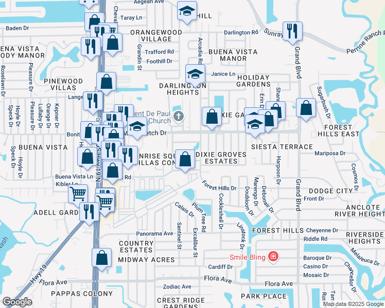 map of restaurants, bars, coffee shops, grocery stores, and more near 4926 Briar Hill Court in Holiday