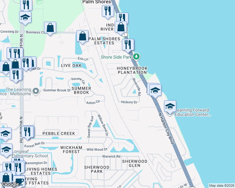 map of restaurants, bars, coffee shops, grocery stores, and more near 4810 Hidden Creek Road in Melbourne