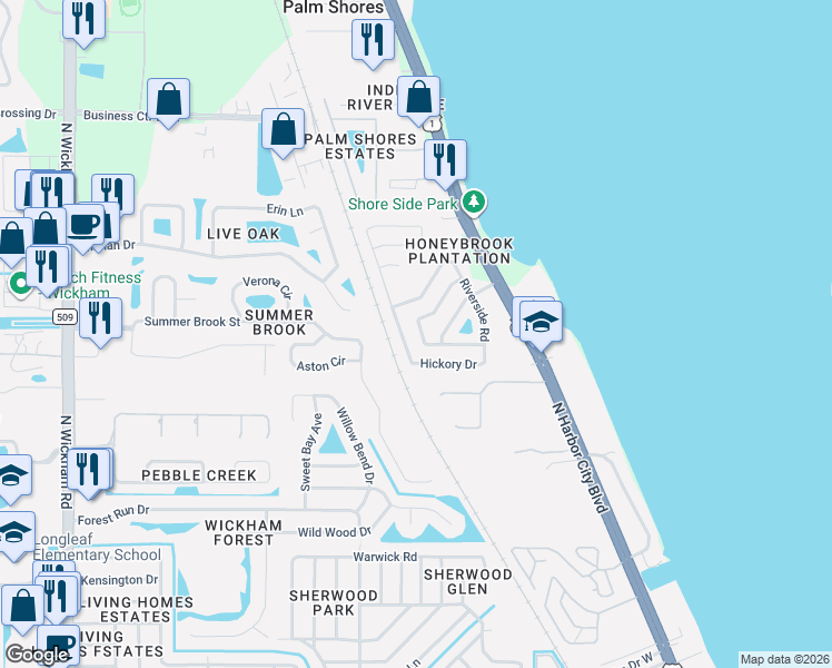 map of restaurants, bars, coffee shops, grocery stores, and more near 2330 Honeybrook Creek Drive in Melbourne