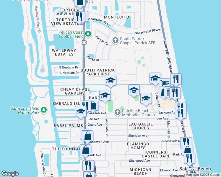 map of restaurants, bars, coffee shops, grocery stores, and more near 50 Holland Court in Satellite Beach