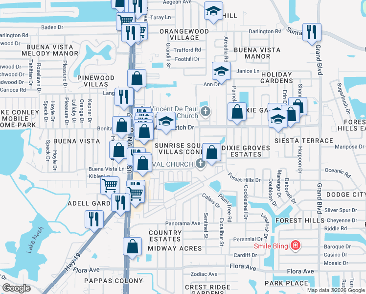 map of restaurants, bars, coffee shops, grocery stores, and more near 4770 Sunny Loop in Holiday
