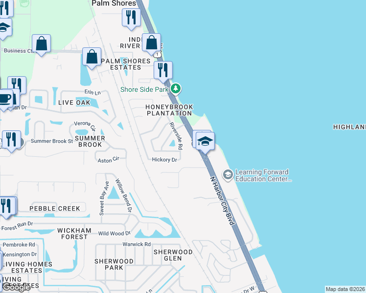 map of restaurants, bars, coffee shops, grocery stores, and more near 2230 Plantation Drive in Melbourne