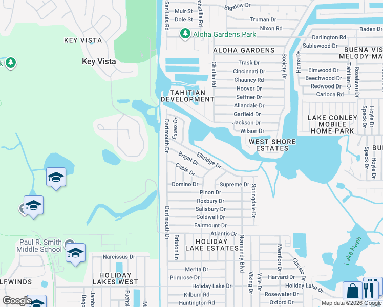 map of restaurants, bars, coffee shops, grocery stores, and more near 3117 Bright Drive in Holiday
