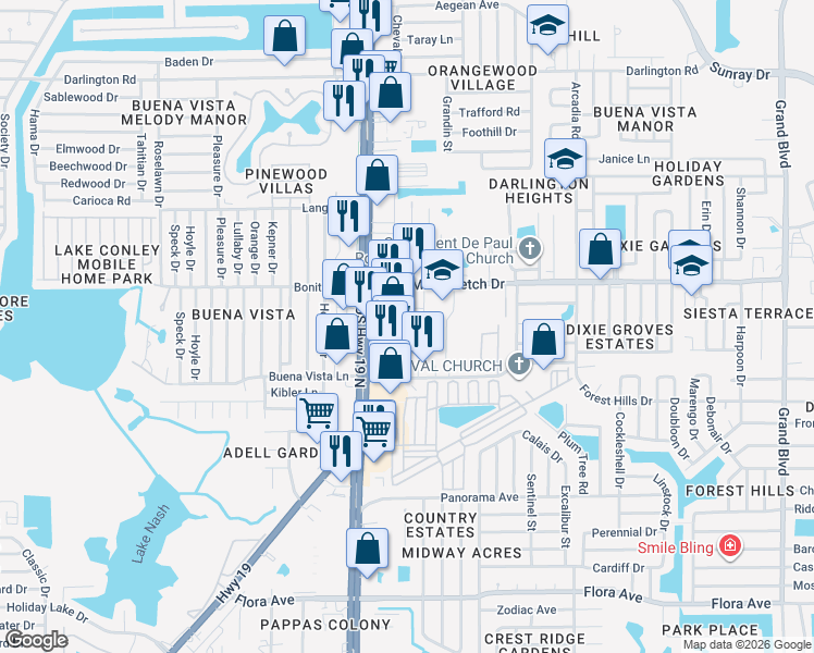 map of restaurants, bars, coffee shops, grocery stores, and more near 1847 Acme Road in Holiday