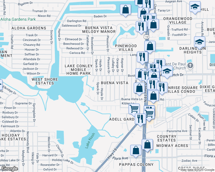 map of restaurants, bars, coffee shops, grocery stores, and more near 1902 Shady Cove Drive in Holiday